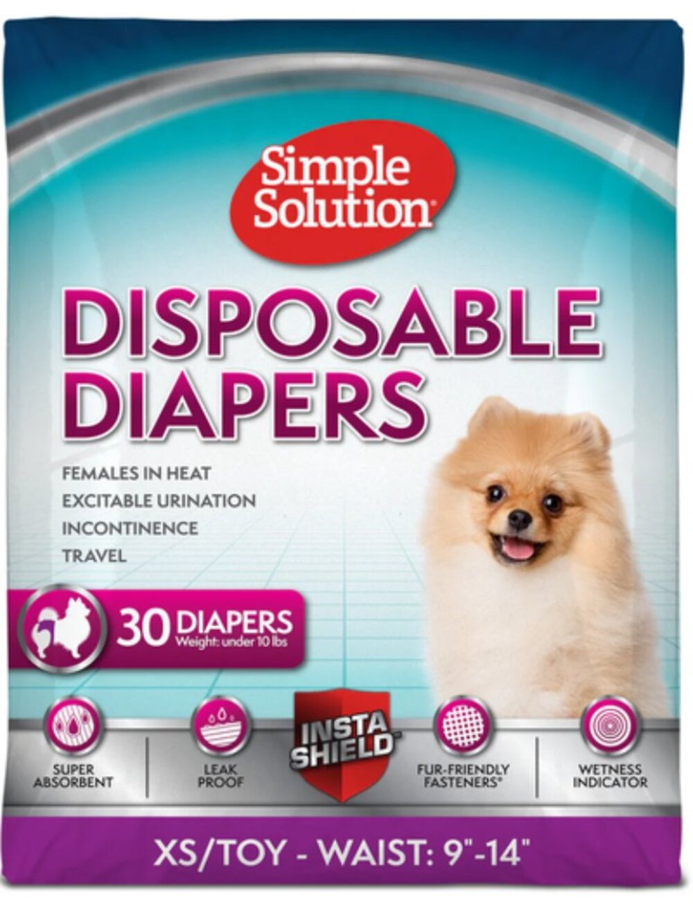 NEW Simple Solution Disposable Female Dog Diapers, X-Small: 9"-14" waist, 30 Ct.
